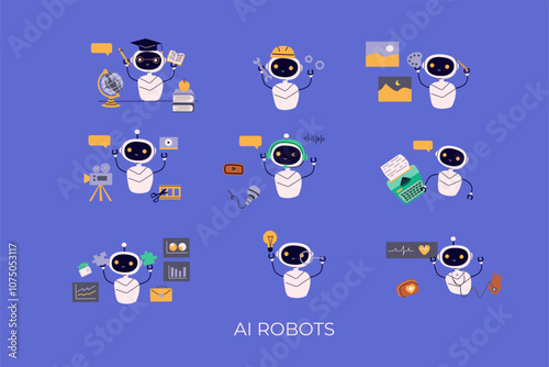 Artificial intelligence robots set. Ai generating texts, images, video, music, audio, working with finance graphics, medical equipment. Generative AI hand drawn concept.