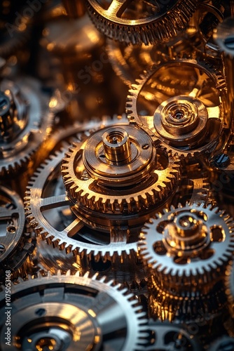 A macro photograph of intricate clock gears and cogs interlocking together. The metallic textures are highlighted in antique gold and bronze tones, showcasing the craftsmanship.