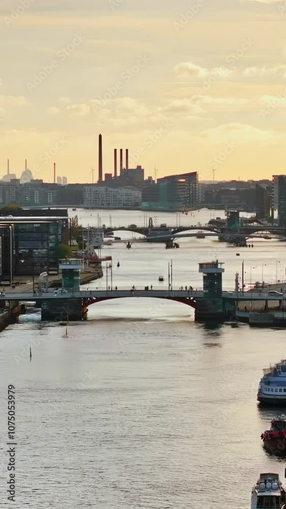 Aerial drone view of Borsen historical place in Copenhagen, Denmark. Vertical