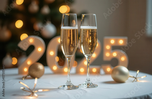 Elegant celebration: two champagne glasses toasting to 2025 with festive decor. happy new year 2025 photo