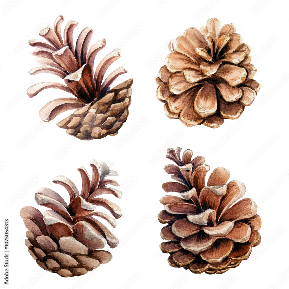 Watercolor painting of a set of four pine cones isolated on white background. Winter illustration, perfect for Christmas greeting cards and seasonal illustrations. Watercolor painting of a set of four pine cones isolated on white background. Winter illustration, perfect for Christmas greeting cards and seasonal illustrations.