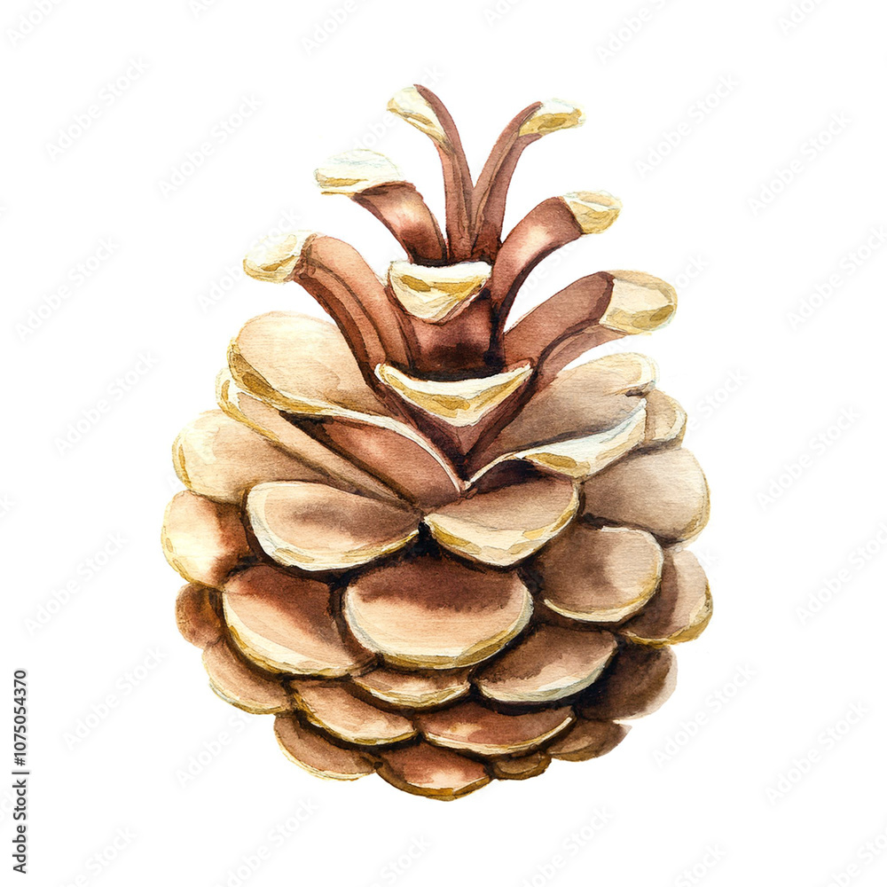 Watercolor painting of a pine cone isolated on a white background. Winter illustration, perfect for xmas greeting cards and seasonal illustrations.