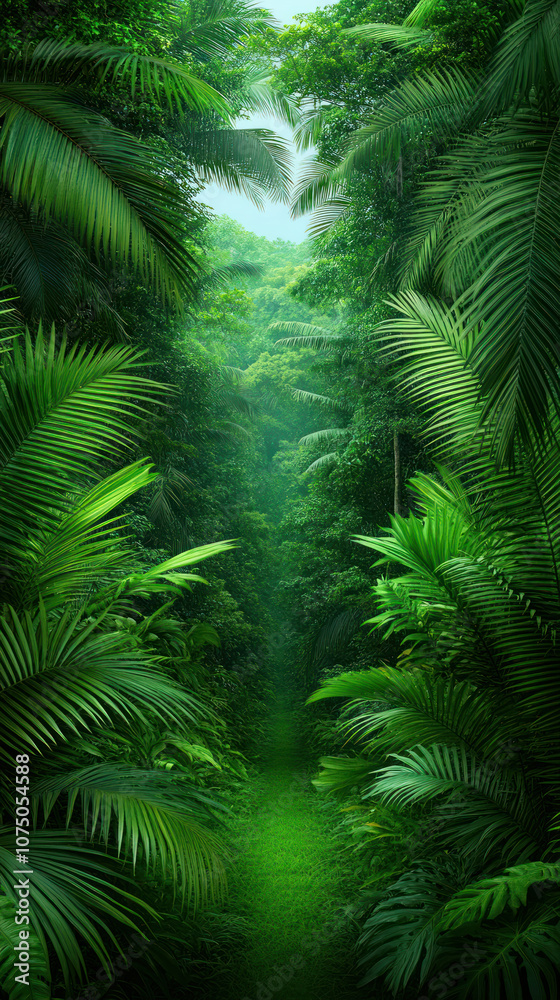Lush green jungle pathway surrounded by dense foliage and vibrant plant life. Lush green jungle pathway surrounded by dense foliage and vibrant plant life.