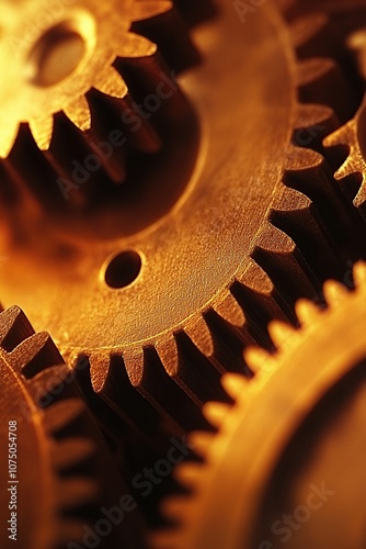 A macro photograph of intricate clock gears and cogs interlocking together. The metallic textures are highlighted in antique gold and bronze tones, showcasing the craftsmanship.