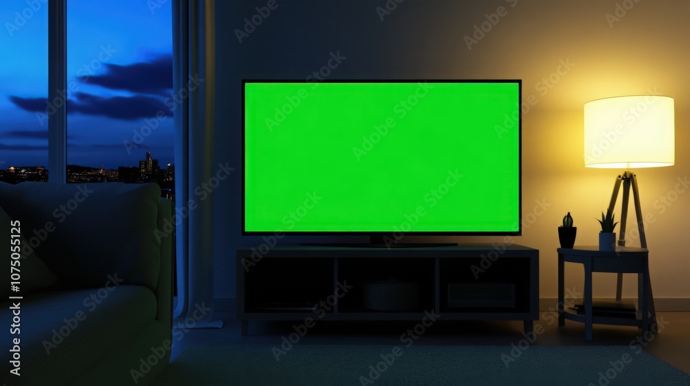 Fototapeta premium A green screen television is on a stand in a living room
