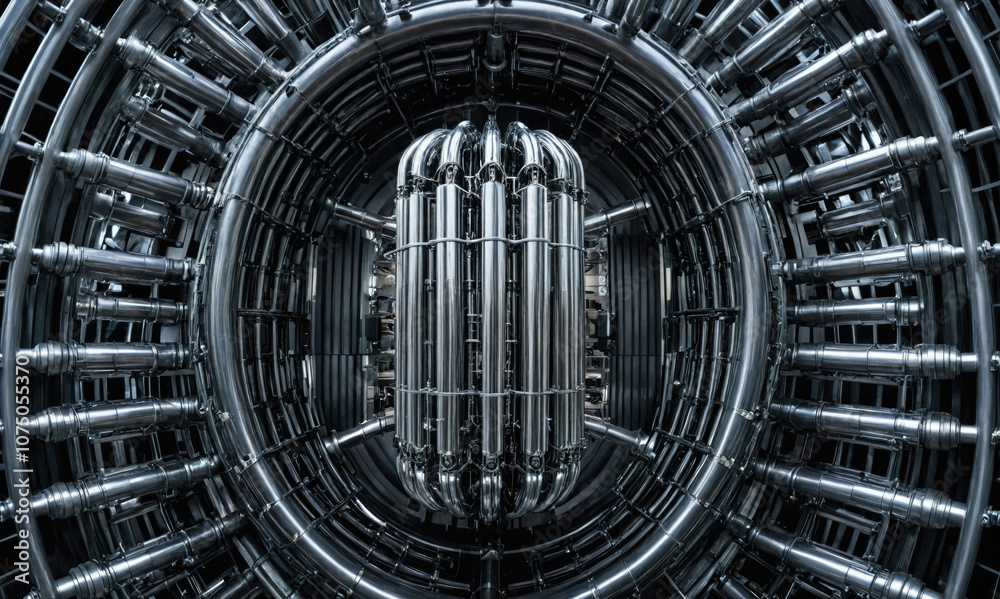 Fototapeta premium A view of the inside of a nuclear reactor, featuring a complex network of pipes and tubes
