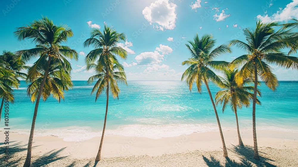 Palm Trees on a Pristine White Sand Beach with Turquoise Waters Palm Trees on a Pristine White Sand Beach with Turquoise Waters