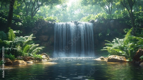 Serene waterfall cascading into a tranquil pool surrounded by lush greenery.