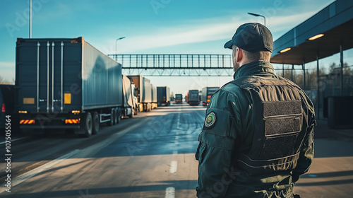  Customs officer overseeing trucks at a border checkpoint during sunset, symbolizing security, border control, and transportation logistics.