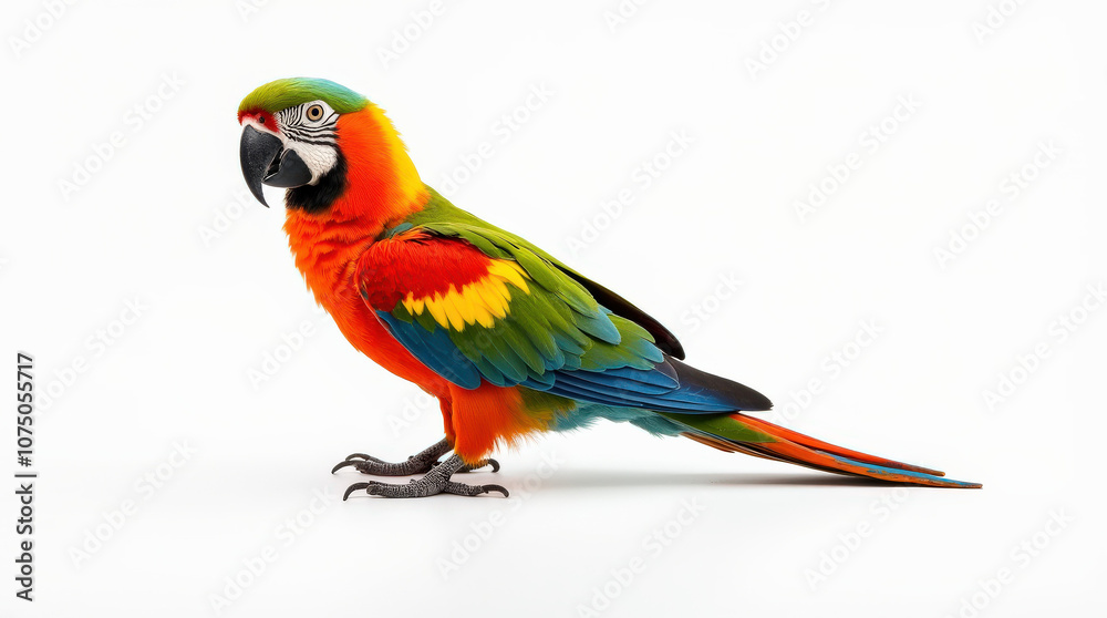 Obraz premium Vibrant Parrot Close-Up Photography on White Background - Perfect for Tropical Wildlife and Nature Themes