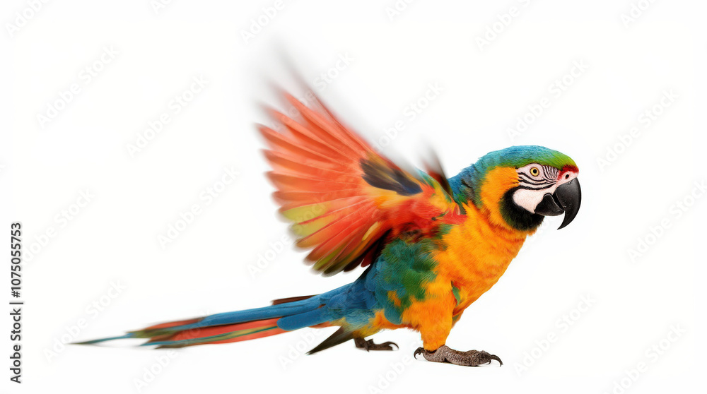 Fototapeta premium Vibrant Parrot Close-Up Photography on White Background - Perfect for Tropical Wildlife and Nature Themes