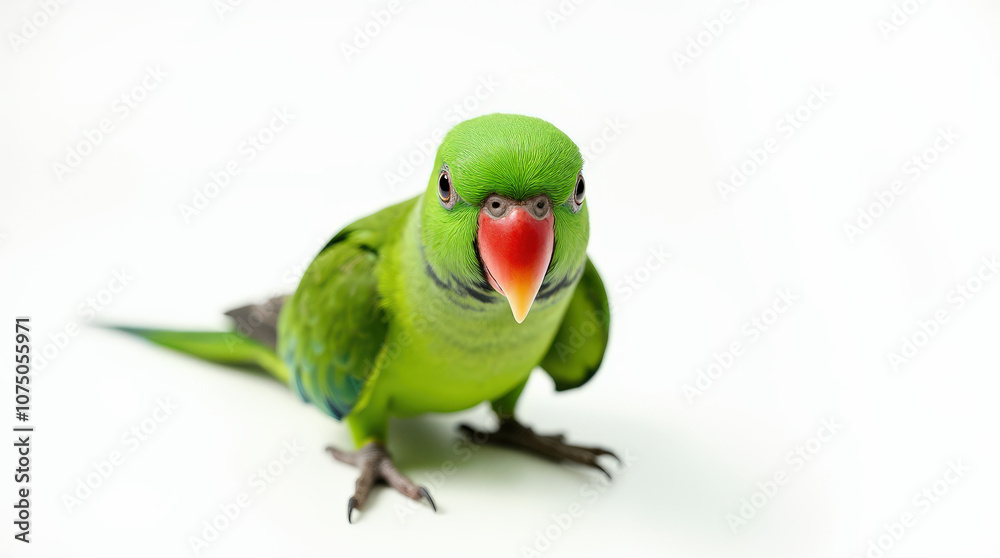 Vibrant Green Parrot Portrait Isolated on White Background - Stunning Pet Bird Photography for Nature Lovers