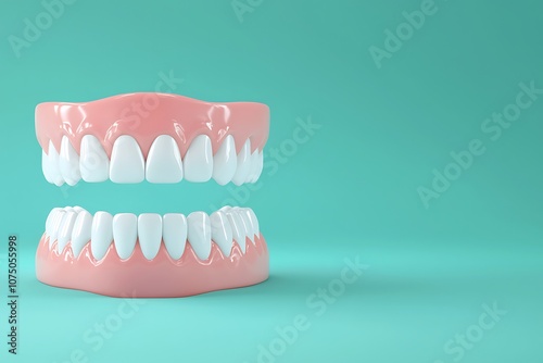 A realistic model of a set of dentures on a turquoise background, showcasing the teeth and gums prominently. photo