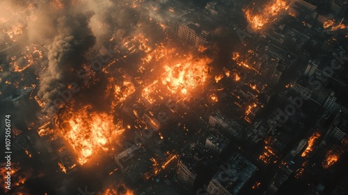 Aerial View of a City on Fire