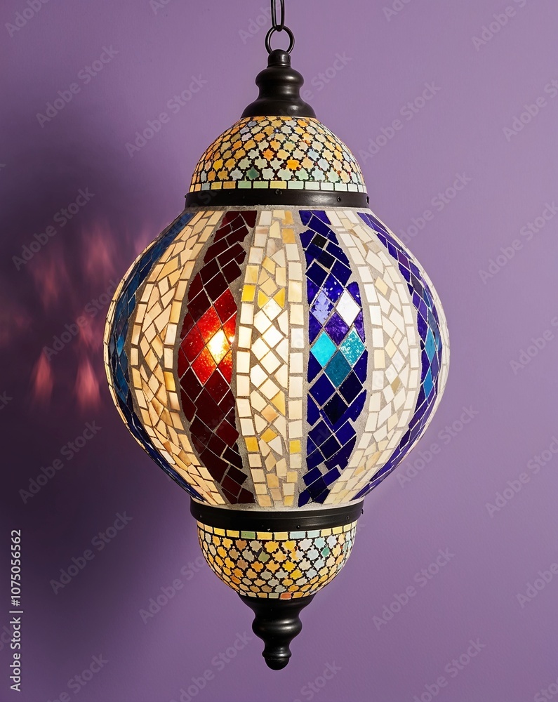 Obraz premium Moroccan patterned mosaic lantern casting colors on plain lavender background