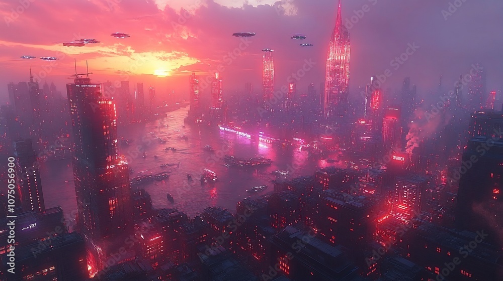 Obraz premium Futuristic cityscape with a river at sunset and flying cars in the sky.