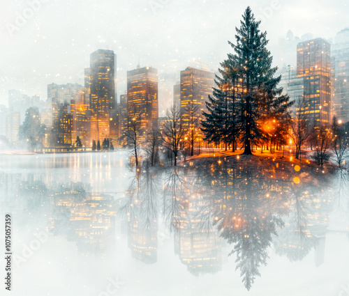 Illustration abstraite d'un sapin de Noël en hiver avec la ville en arrière-plan photo