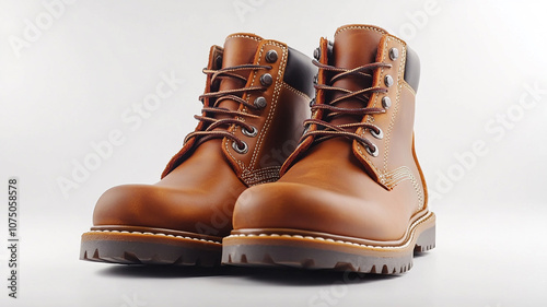 A pair of leather work boots isolated on a white background