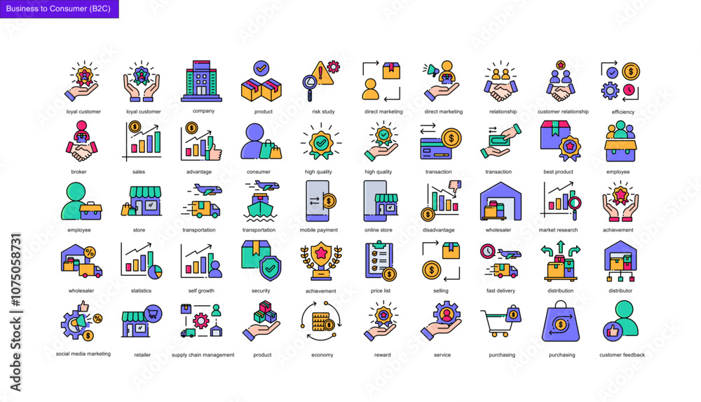 Fototapeta premium lineal color icon collection, business to consumer icon (B2C)