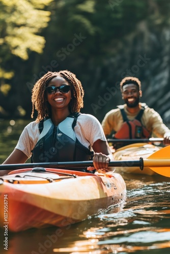 Black adventurers kayaking together  embracing nature and thrill in outdoor exploration