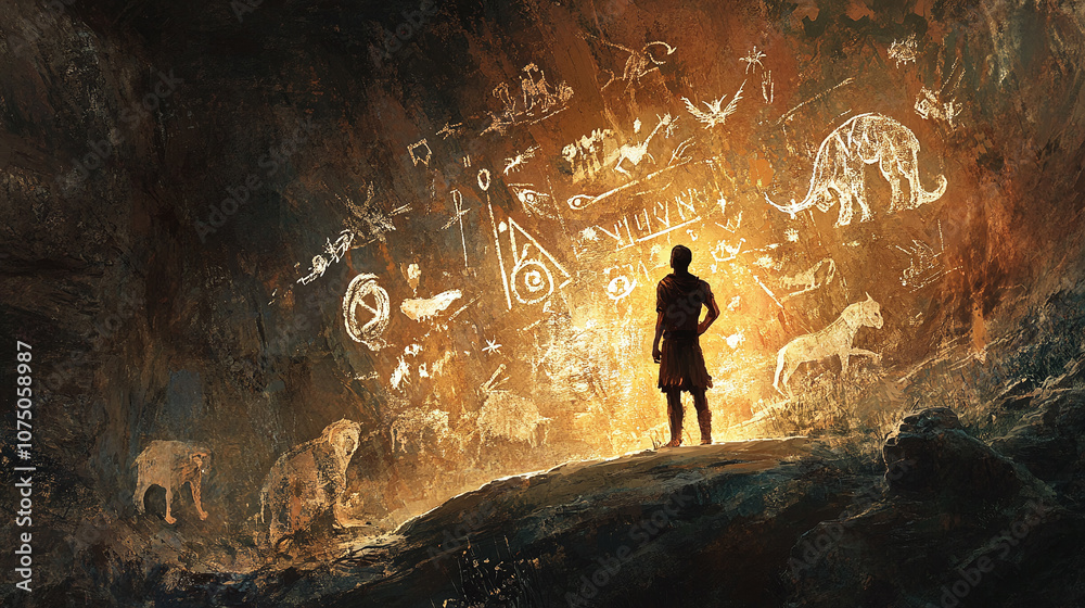 Fototapeta premium A Stone Age man painting on a cave wall, with ancient symbols and animals depicted in earthy colors