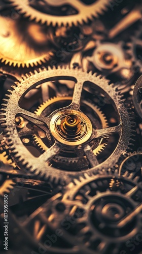 A macro photograph of intricate clock gears and cogs interlocking together. The metallic textures are highlighted in antique gold and bronze tones, showcasing the craftsmanship.