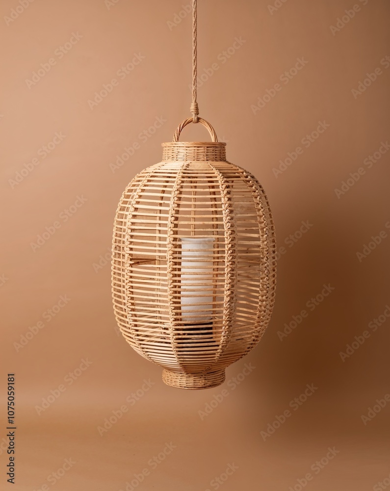 Obraz premium Rattan hanging lantern with beach vibes on plain sandy brown background