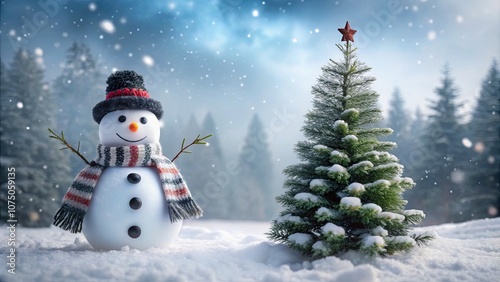 Charming Snowman with Christmas Tree in Winter Scene