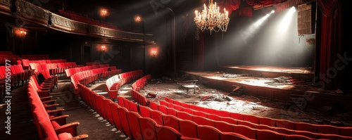 An elegant theater interior with red seats and stage lighting.