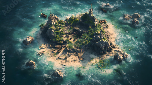 Aerial View for Fantasy RPG Battle Maps, Mystical Tropical Ruins Surrounded by Ocean
