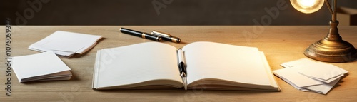 An open notebook with notes and a pen on a desk, inspired workspace.