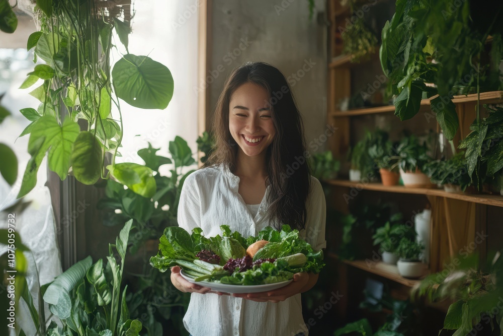 A smiling woman stands in an indoor garden, holding a plate of fresh vegetables A smiling woman stands in an indoor garden, holding a plate of fresh vegetables