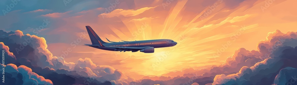 Airplane flying through colorful clouds at sunset. Airplane flying through colorful clouds at sunset.