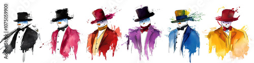 Festive Watercolor Snowmen in Top Hats and Scarves for Christmas Celebrations