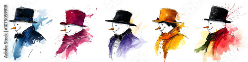 Festive Watercolor Snowmen in Top Hats and Scarves for Christmas Celebrations