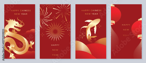 Chinese New Year 2025 greeting card background vector. Luxury poster design with koi fish, wave, lantern, dragon, firework, line art. Elegant oriental illustration for cover, red envelope, calendar.