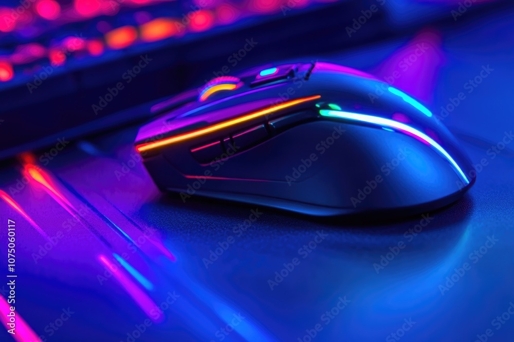 Futuristic Neon Gaming Mouse on Dark Desk Futuristic Neon Gaming Mouse on Dark Desk