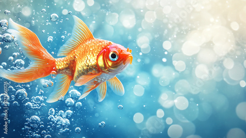 A vibrant goldfish statue swimming through water, with bubbles, against a bright blue background