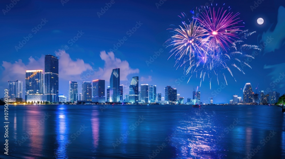 Obraz premium Miami Skyline with Fireworks