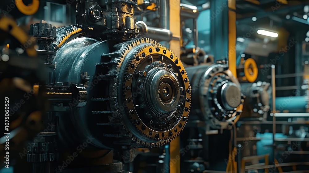 Close-up of a Large Industrial Gear with a Golden Rim Close-up of a Large Industrial Gear with a Golden Rim