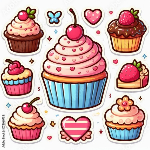 Cupcakes clip art stickers on white isolated background