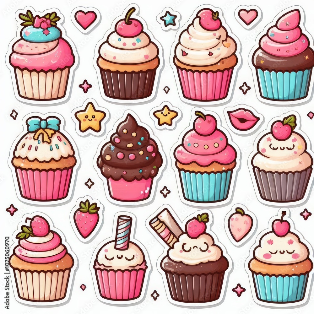 Cupcakes clip art stickers on white isolated background Cupcakes clip art stickers on white isolated background