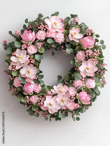 Beautiful floral wreath adorned with pink blooms and lush greenery as decor.