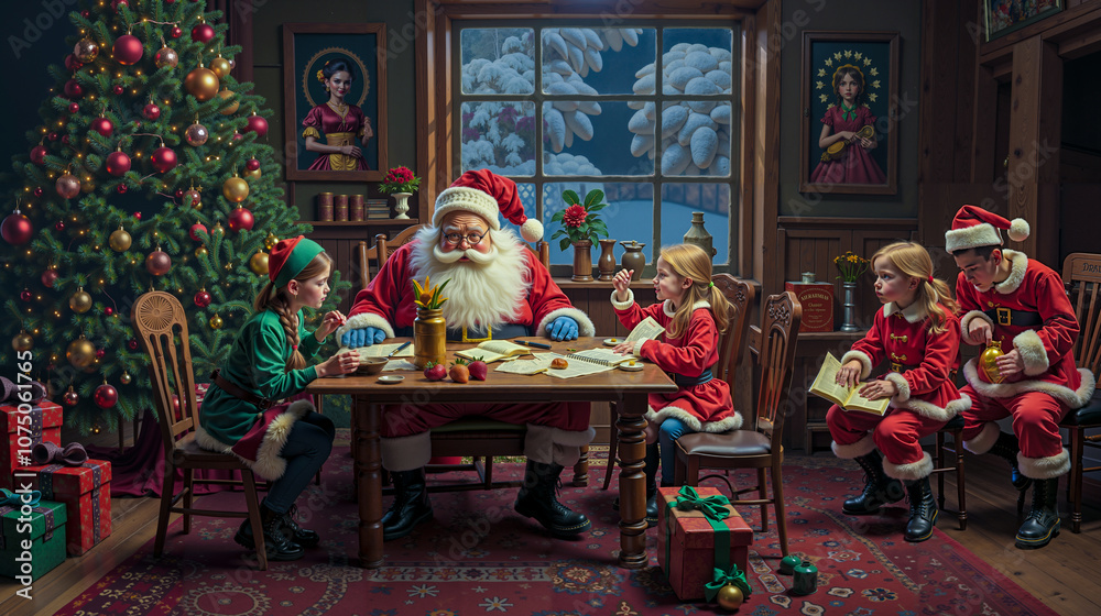 A group of children sitting around a table with Santa Claus A group of children sitting around a table with Santa Claus