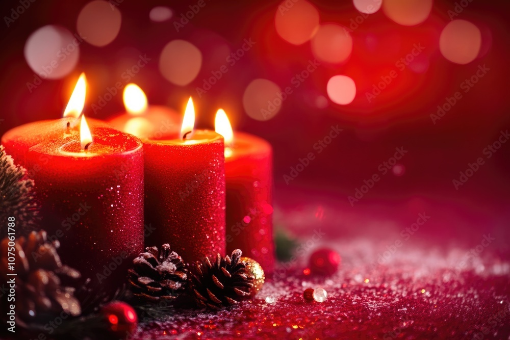 Warm Glowing Christmas Candles on a Festive Red Background Warm Glowing Christmas Candles on a Festive Red Background