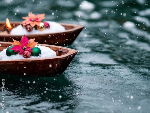 Colorful boats adorned with flowers float on water during a serene snowy celebration.