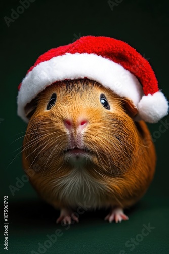 Festive Guinea Pig Portrait with Christmas Hat, Green Background