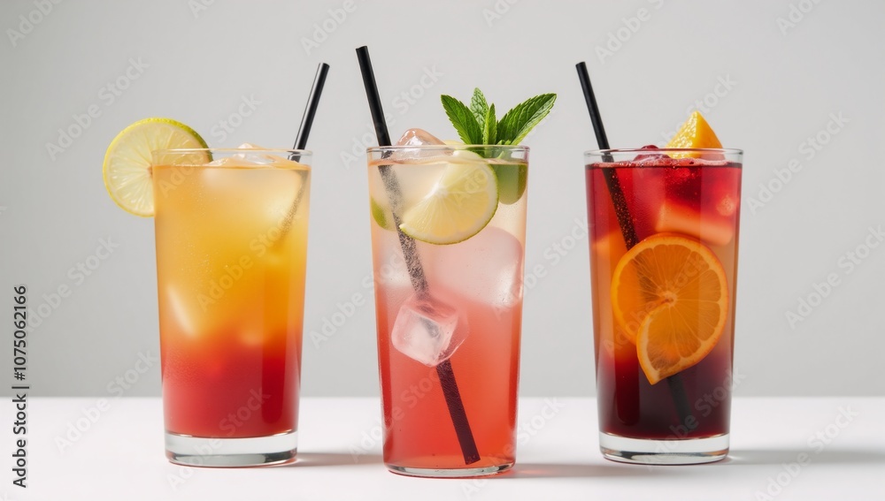 Three tall cocktails showcasing refreshing summer drinks with colorful fruits ice cubes and mint garnish Three tall cocktails showcasing refreshing summer drinks with colorful fruits ice cubes and mint garnish