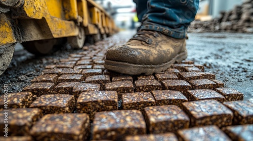 A muddy work boot stepping on a newly laid cobblestone path