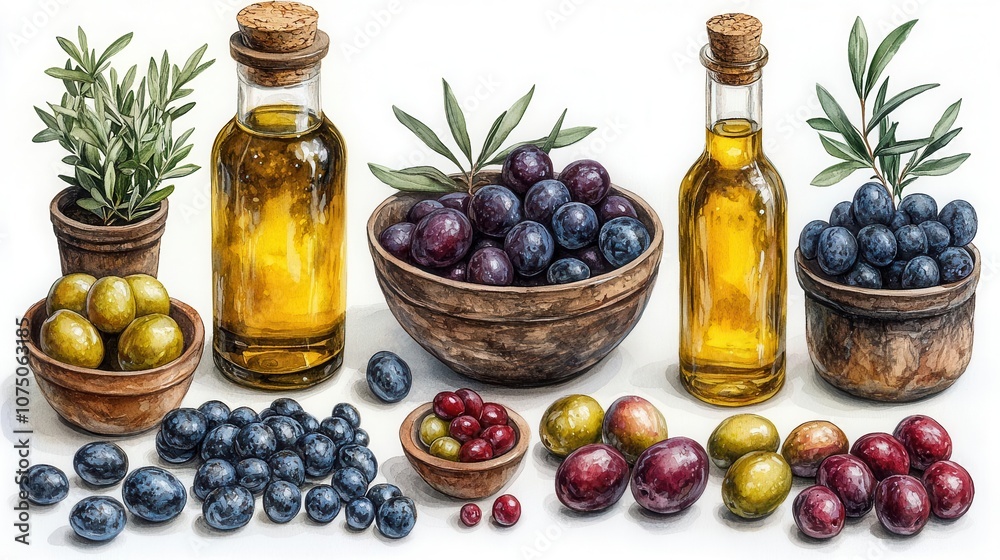 elegant set of olive oil components including a rustic bottle, shallow bowl, and vibrant olives, with splashes and drops capturing the essence of culinary artistry against a clean white backdrop elegant set of olive oil components including a rustic bottle, shallow bowl, and vibrant olives, with splashes and drops capturing the essence of culinary artistry against a clean white backdrop